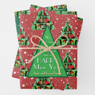 Cute Black Cats in Sweaters Christmas Tree Red  Wrapping Paper Sheet