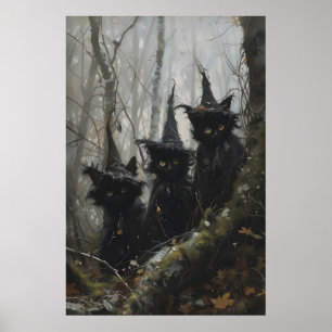 Cute Black Cats in Witch Hats Dark Cottagecore Poster
