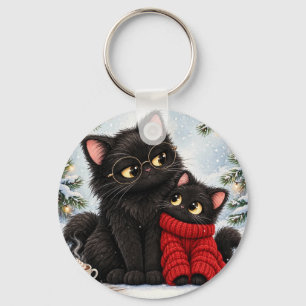 Cute Black Cats Ornament, Kawaii Cat Couple Round Key Ring