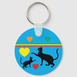 Cute Black Cats & Rainbow Shapes Blue Keychain