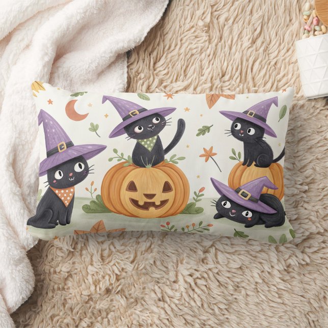Cute black cats wearing purple witch hats lumbar cushion (Creator Uploaded)