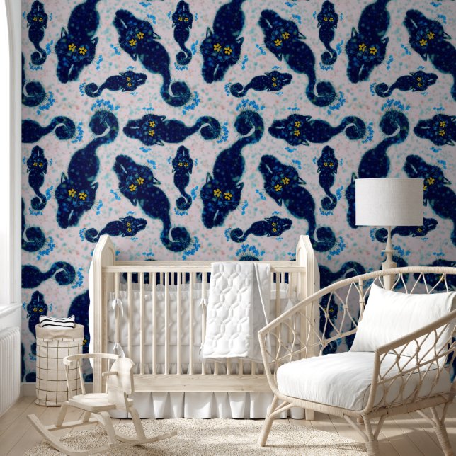 Cute Black Cats With Flowers Pattern Design Wallpaper (Kids)
