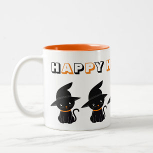 Cute Black Cats with Witch Hats Happy Halloween Two-Tone Coffee Mug