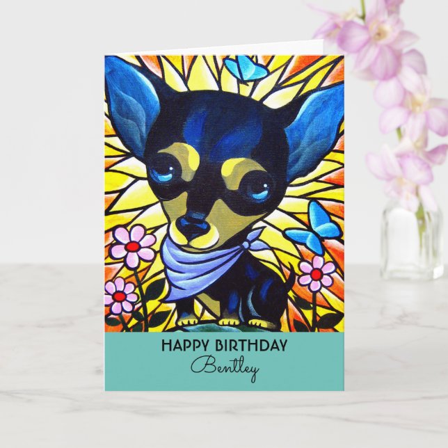 Cute Black Chihuahua Birthday Dog Teal Artwork Card (Orchid)