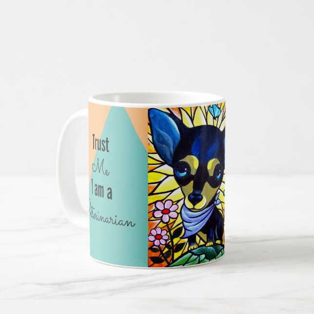 Cute Black Chihuahua Dog Veterinarian Name Artwork Coffee Mug (Front Left)