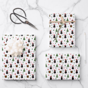 Cute Black Christmas Cat Holiday Pattern Wrapping Paper Sheet