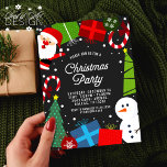 Cute Black Christmas Party Santa & Snowman Invitation<br><div class="desc">Invite guests to your Christmas party with this cute black holiday invitation featuring Santa Claus,  snowman,  presents,  candy canes,  Christmas trees,  ornaments,  a snowy border frame & a cute pattern on the back.</div>
