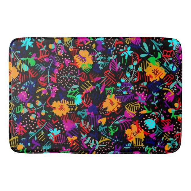 Cute black colourful abstract flowers bath mat (Front)