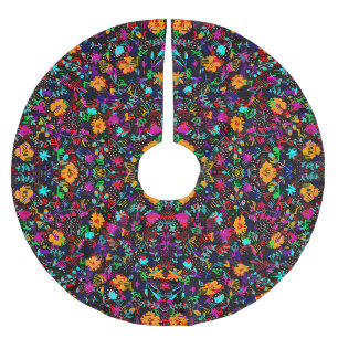 Cute black colourful abstract flowers brushed polyester tree skirt