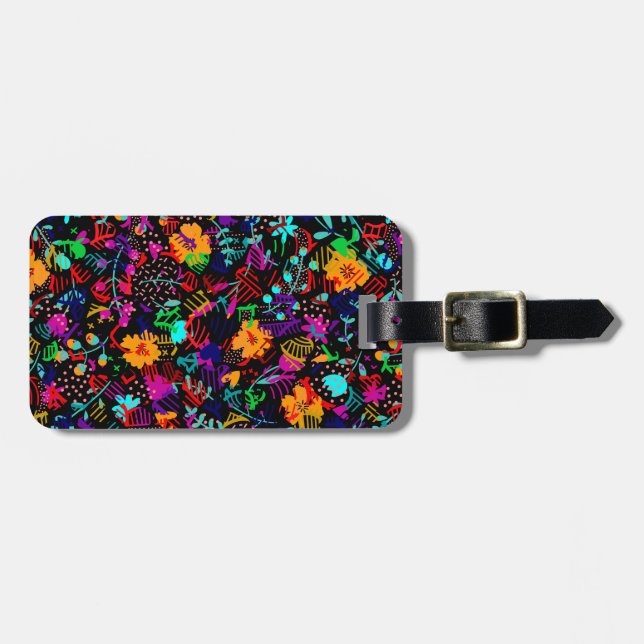 Cute black colourful abstract flowers luggage tag (Front Horizontal)