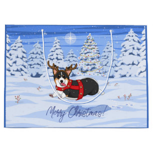 Cute Black Corgi Christmas Reindeer Costume Large Gift Bag