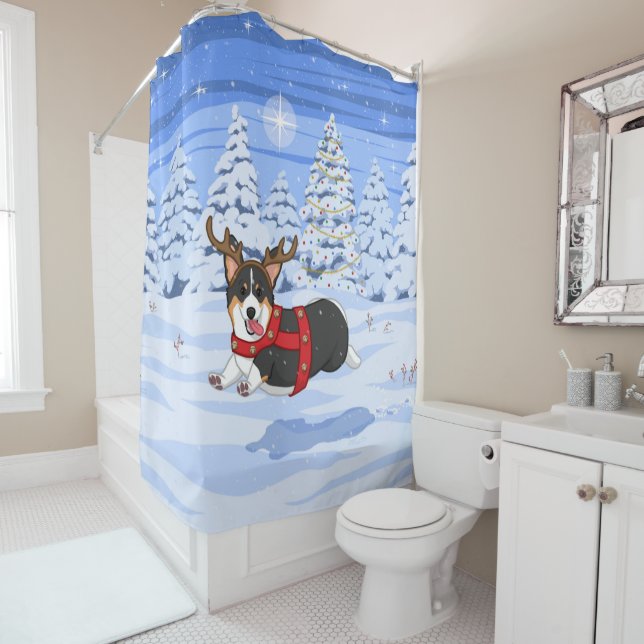 Cute Black Corgi Christmas Reindeer Costume Shower Curtain (In Situ)