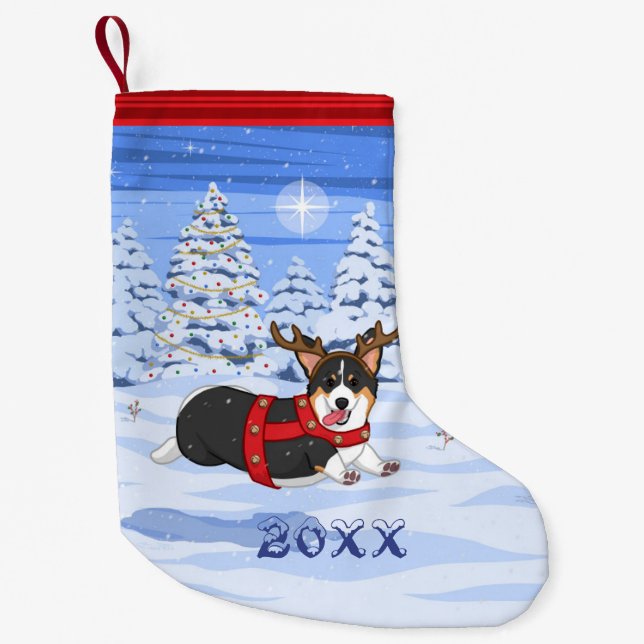 Cute Black Corgi Christmas Reindeer Costume Small Christmas Stocking (Front)