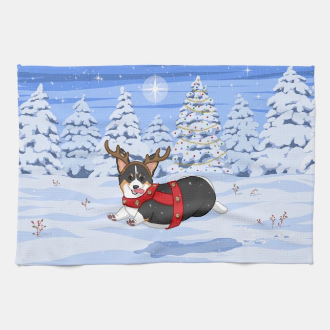 Cute Black Corgi Christmas Reindeer Costume Tea Towel (Horizontal)