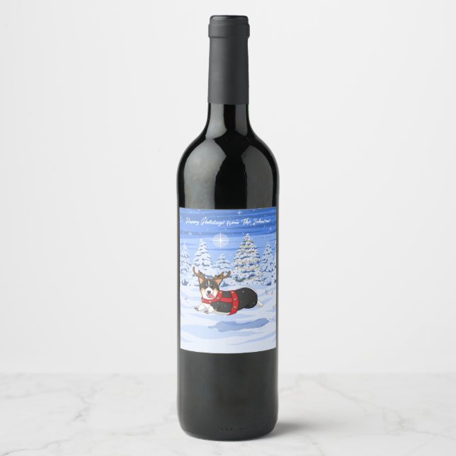 Cute Black Corgi Christmas Reindeer Costume Wine Label (Front)