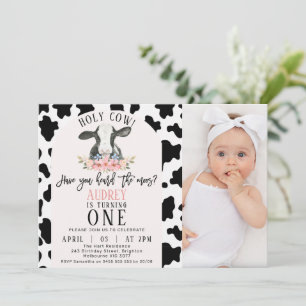 Cute Black Cow Print Photo Holy Cow 1st Birthday Invitation