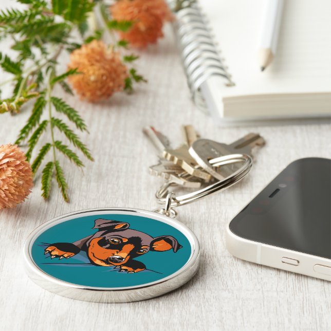 Cute Black Dachshund Puppy Design Key Ring (Side)