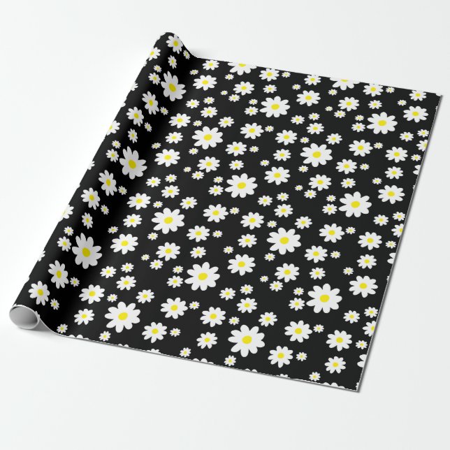 Cute Black Daisy Pattern Wrapping Paper (Unrolled)