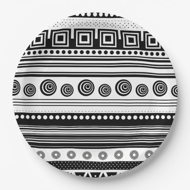 Cute black decorative aztec texture paper plate (Front)