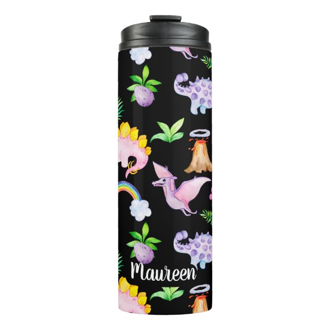 Cute Black Dinosaur Rainbow Watercolor Jungle Thermal Tumbler (Front)