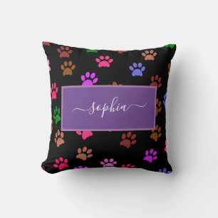 Cute Black Dog and Cat Lovers Paw Prints Cushion