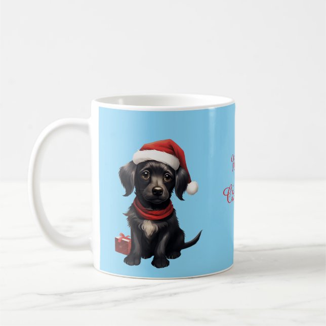 Cute Black Dog at Christmas Coffee Mug (Left)