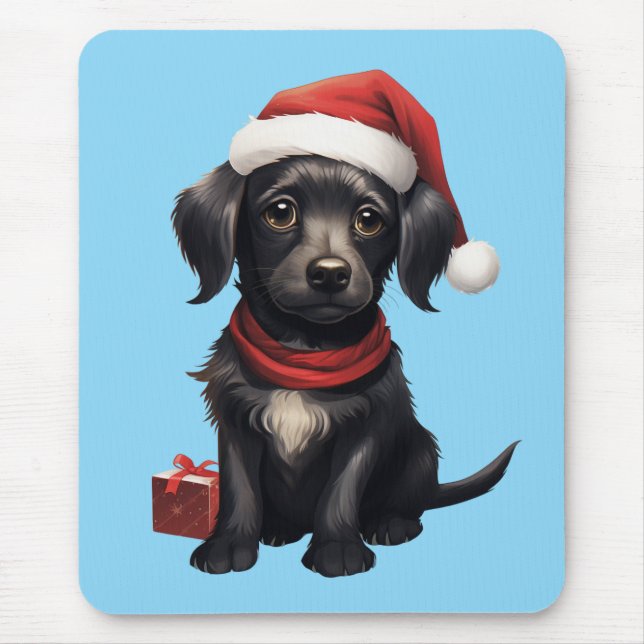 Cute Black Dog at Christmas Mouse Mat (Front)