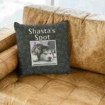 Cute Black Dog Custom Pet Photo Name Bones Cushion<br><div class="desc">The dog has a spot on the sofa.. or a favourite chair. So this pillow marks their spot, and no one is allowed to steal it. Upload your favourite photo of your dog to this pillow template and order one for your beloved pet's birthday. I bet they will love it!...</div>