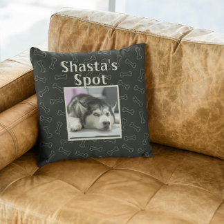 Cute Black Dog Custom Pet Photo Name Bones Cushion