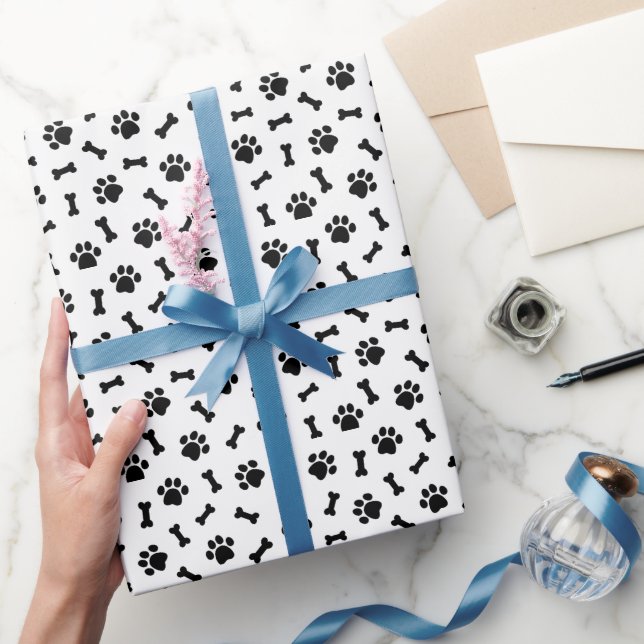 Cute Black Dog Paw Prints & Bones Wrapping Paper (Gifting)