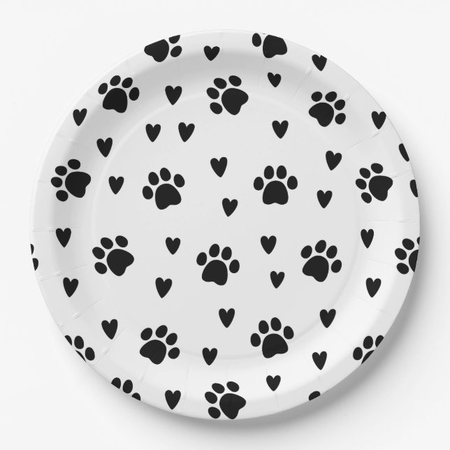 Cute Black Dog Paw Prints & Hearts Paper Plate (Front)