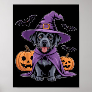 Cute Black Dog Witch Halloween Pumpkins And Bats Poster