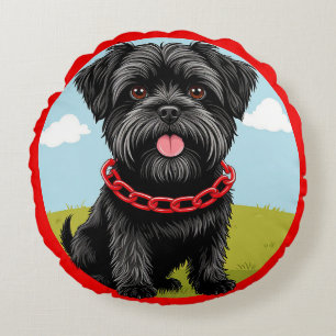 Cute Black Dog With Red Collar in Cartoon Style Round Cushion
