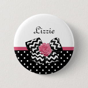 Cute Black Dots Pink Rose Chevron Bow and Name 6 Cm Round Badge