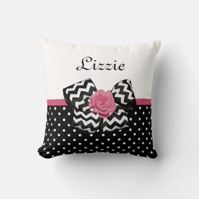Cute Black Dots Pink Rose Chevron Bow and Name Cushion (Front)