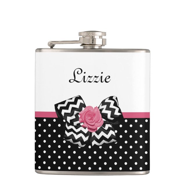 Cute Black Dots Pink Rose Chevron Bow and Name Hip Flask (Front)