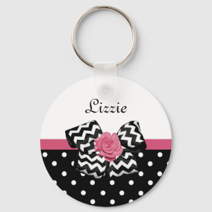 Cute Black Dots Pink Rose Chevron Bow and Name Key Ring