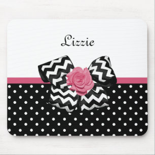 Cute Black Dots Pink Rose Chevron Bow and Name Mouse Mat