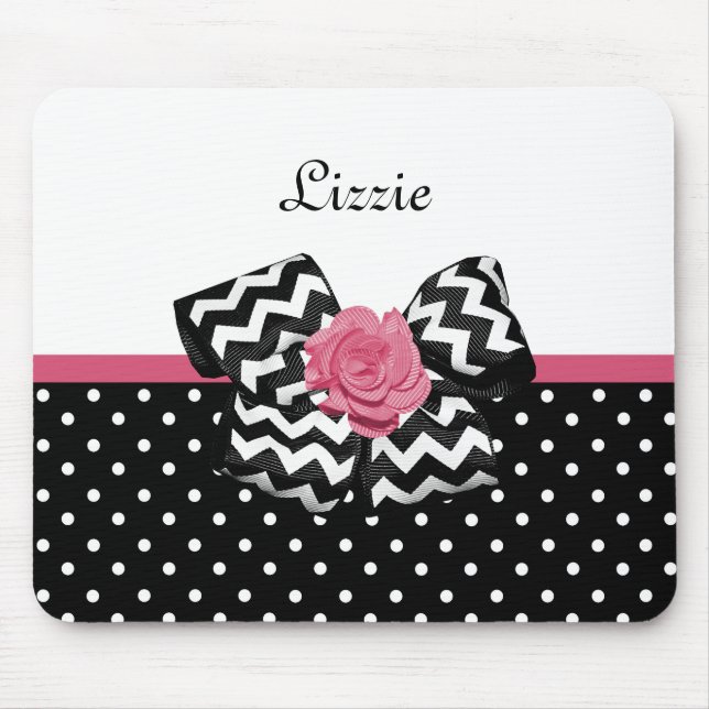Cute Black Dots Pink Rose Chevron Bow and Name Mouse Mat (Front)