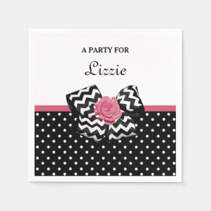 Cute Black Dots Pink Rose Chevron Bow and Name Napkin