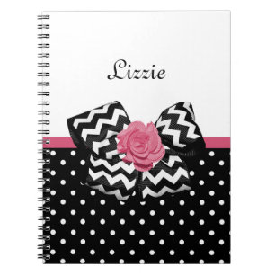 Cute Black Dots Pink Rose Chevron Bow and Name Notebook