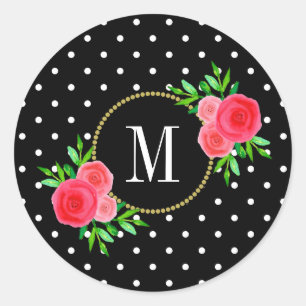 Cute Black Dots Red Watercolor Floral Monogram Classic Round Sticker