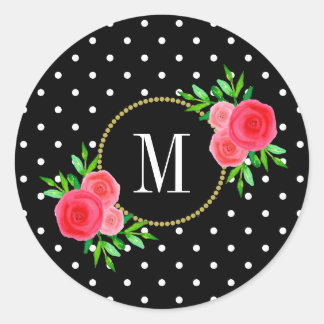 Cute Black Dots Red Watercolor Floral Monogram Classic Round Sticker
