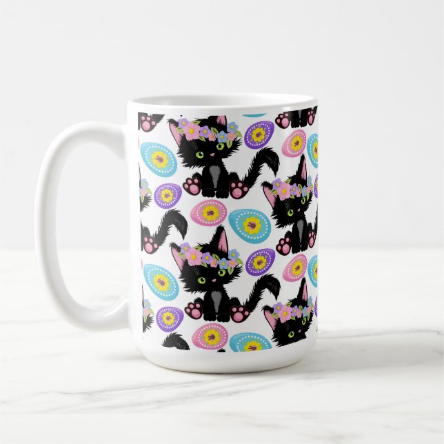 CUTE BLACK EASTER KITTEN WITH EASTER EGGS COFFEE MUG (Left)