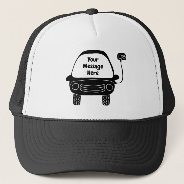 Cute Black Electric Car Custom Message Trucker Hat (Front)