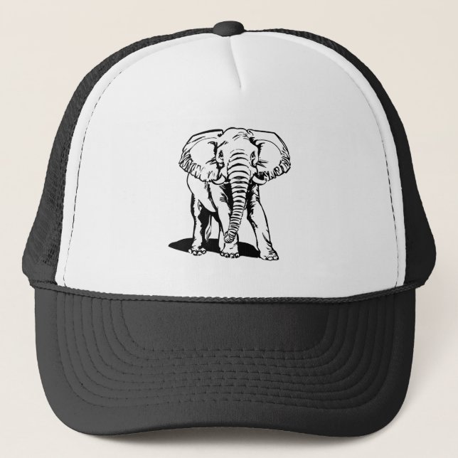 Cute Black Elephant Line Drawing Trucker Hat (Front)