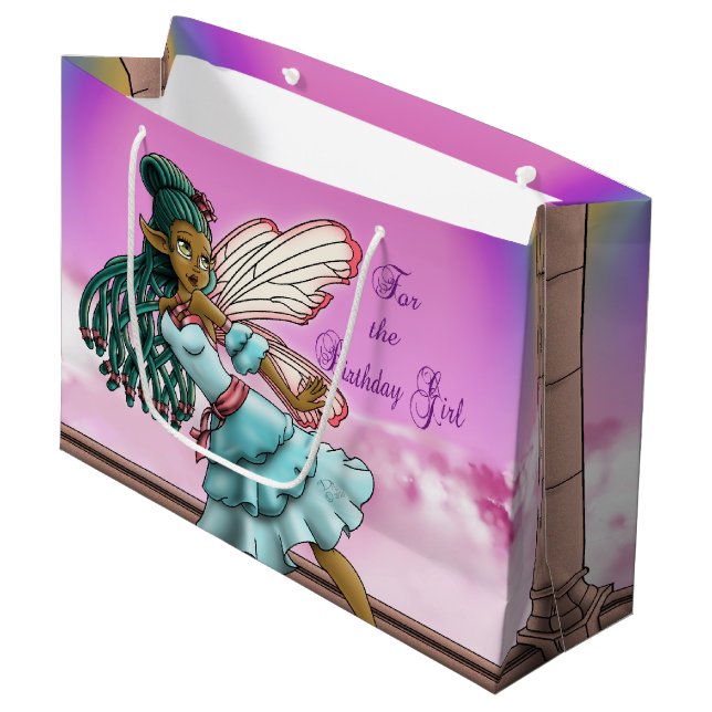 Cute Black Fairy Birthday Large Gift Bag (Front Angled)