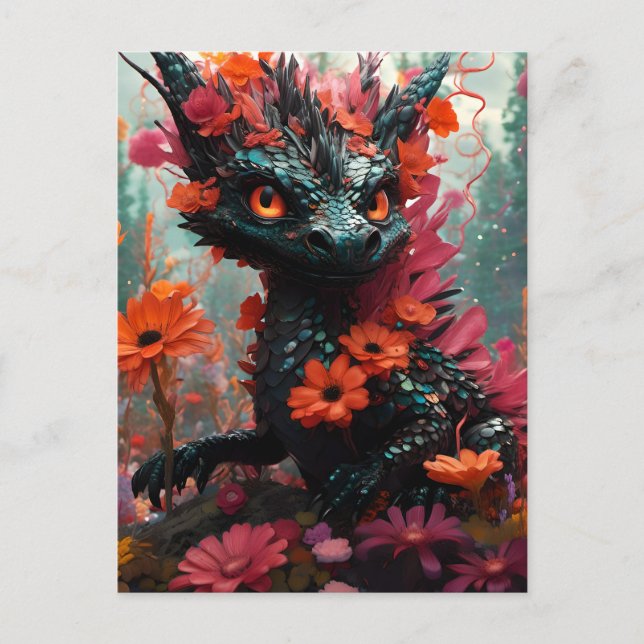 Cute Black Floral Dragon Postcard (Front)