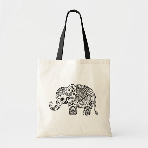 Image of Cute Black Floral Paisley Elephant Illustration. Tote Bag