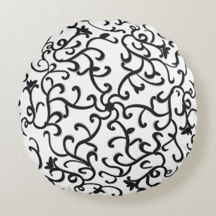 Cute Black Floral Pattern on White Background Wall Round Cushion